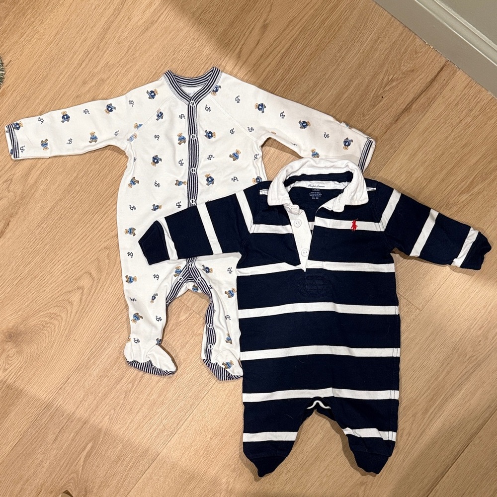 Ralph Lauren Polo Bear Cotton Footed Coverall and Striped Coverall Set